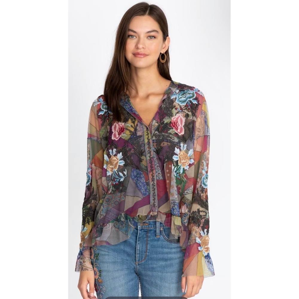 Johnny Was Zell Mesh Blouse Embroidered Patchwork Floral Size Small